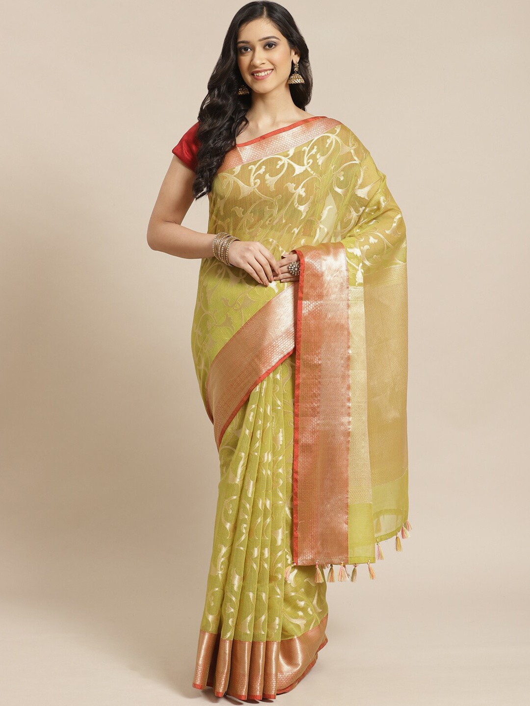 

Indethnic Lime Green & Red Floral Zari Banarasi Saree