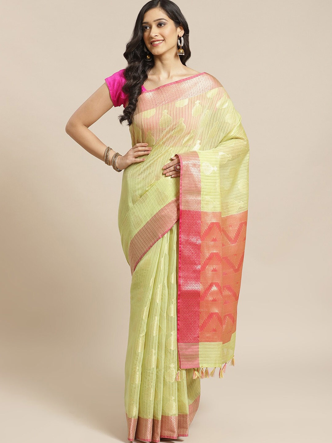 

Indethnic Lime Green & Pink Ethnic Motifs Zari Banarasi Saree