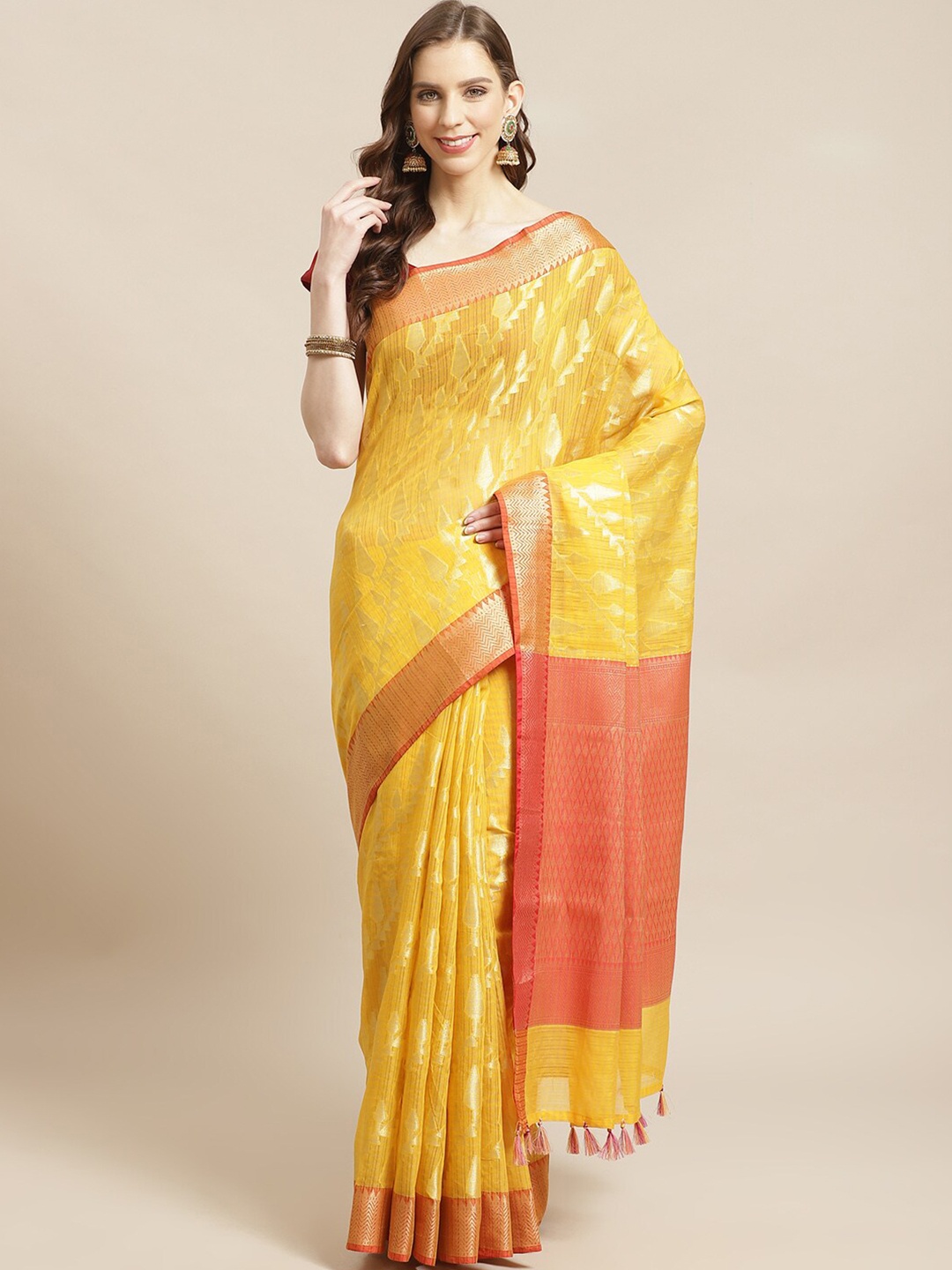 

Indethnic Yellow & Red Woven Design Banarasi Saree