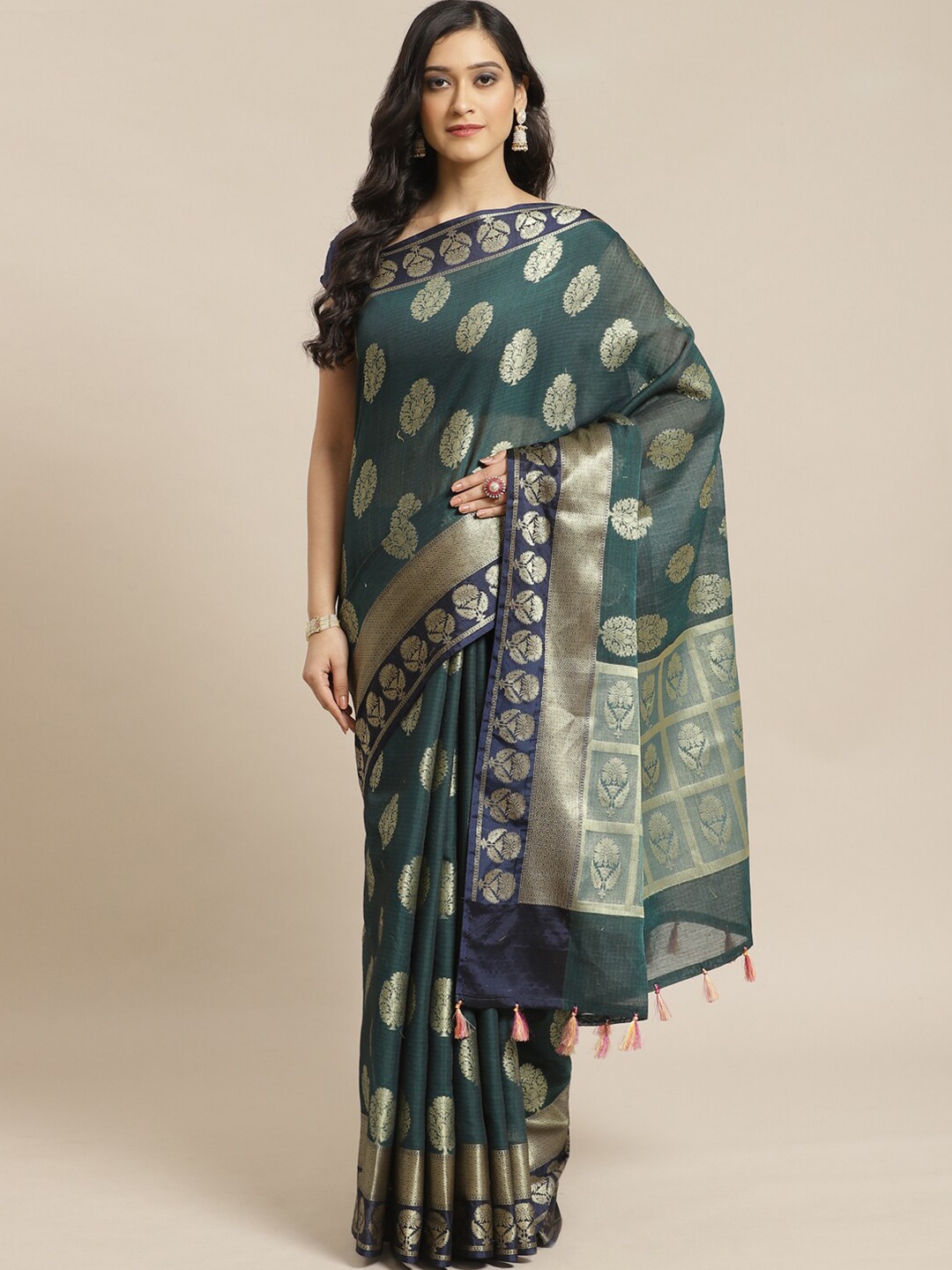 

Saranee Teal Ethnic Motifs Zari Banarasi Saree