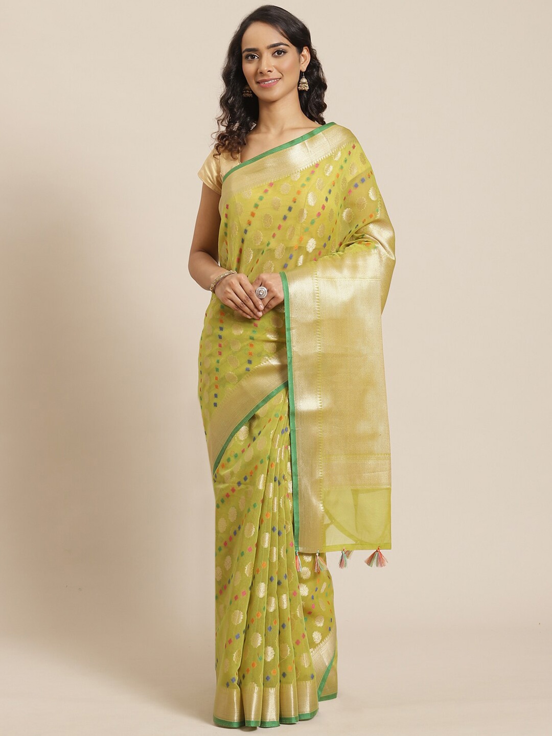 

Indethnic Green & Gold-Toned Ethnic Motifs Zari Banarasi Saree