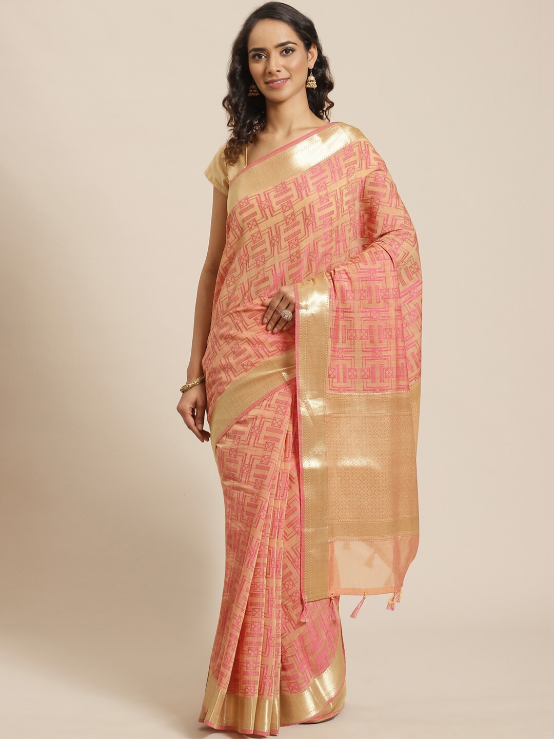 

Indethnic Peach-Coloured & Gold-Toned Zari Banarasi Saree