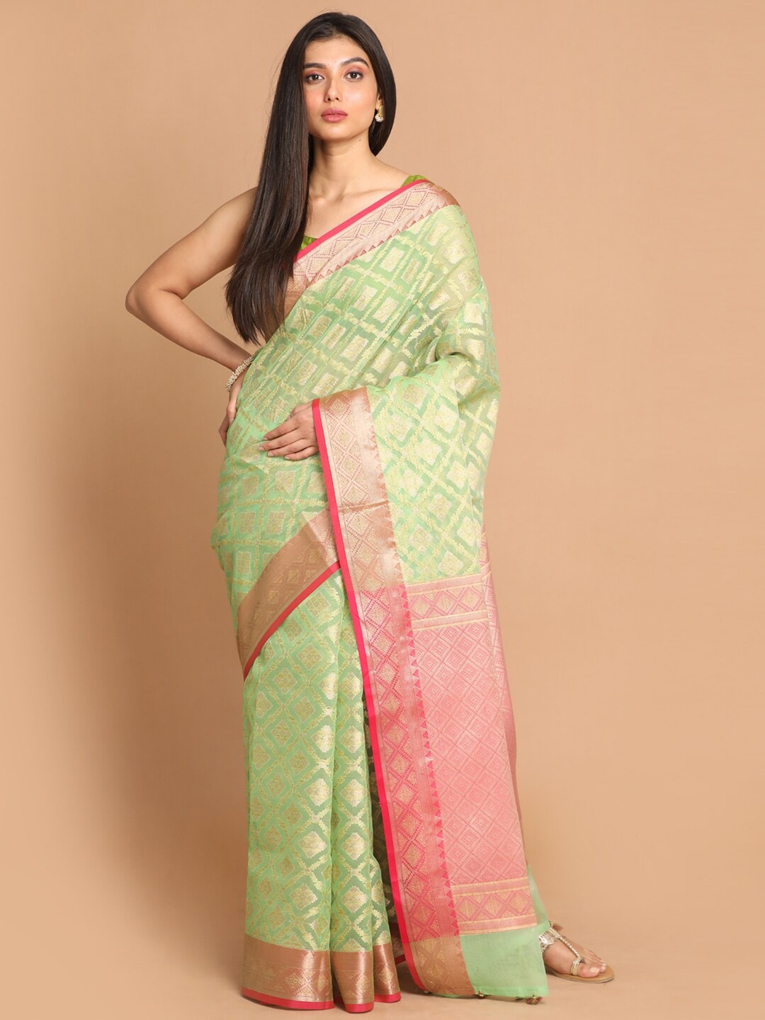 

Indethnic Green & Pink Ethnic Motifs Zari Banarasi Saree