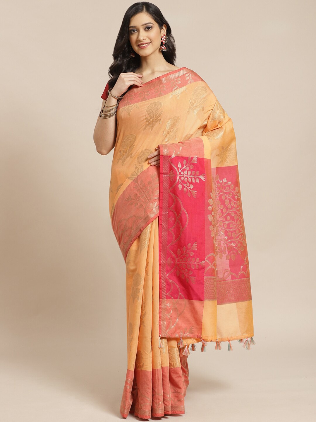 

Saranee Peach-Coloured & Pink Ethnic Motifs Zari Banarasi Saree