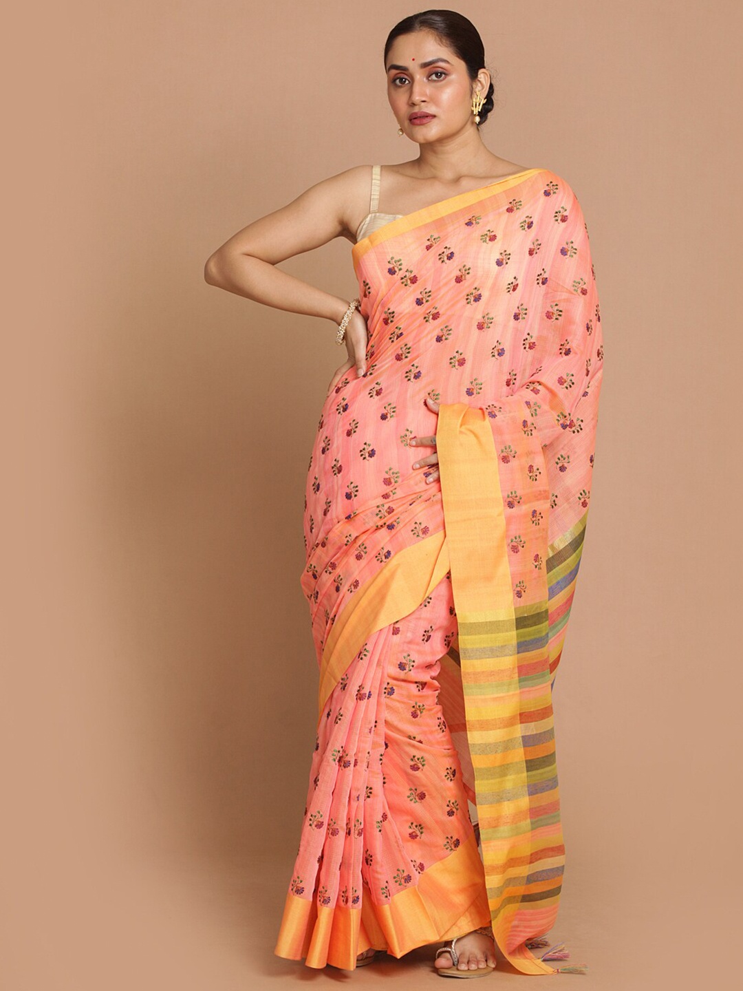 

Indethnic Women Coral Printed Banarasi Saree
