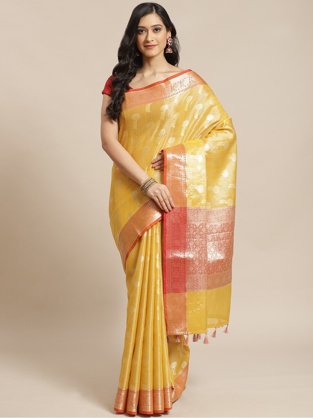 

Indethnic Gold-Toned & Red Floral Zari Banarasi Saree
