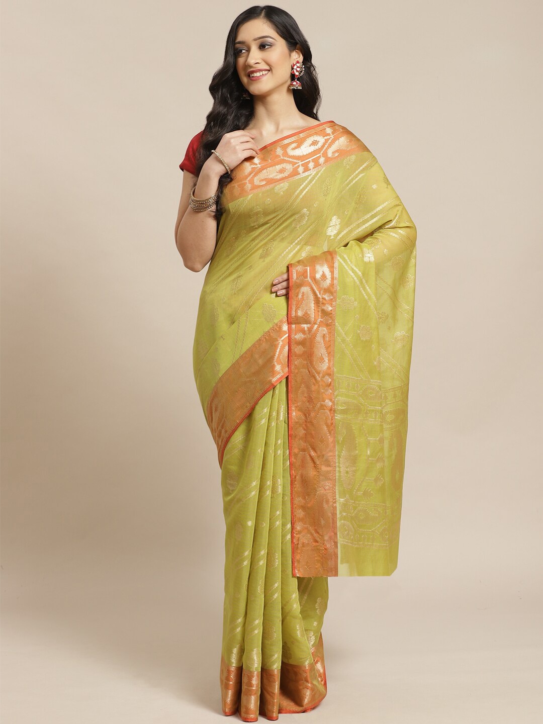 

Saranee Green & Orange Ethnic Motifs Zari Banarasi Saree