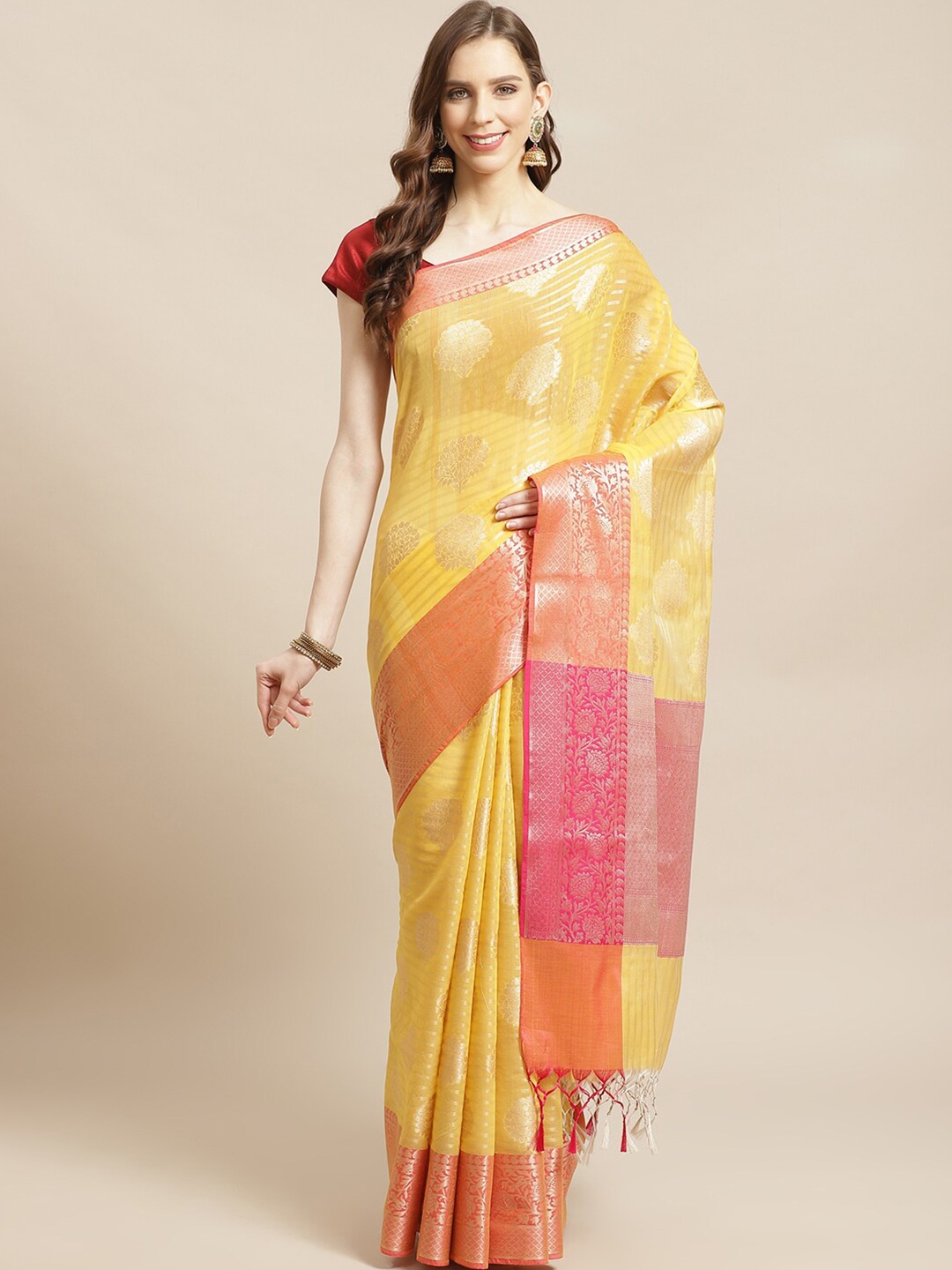 

Saranee Yellow & Pink Ethnic Motifs Zari Banarasi Saree