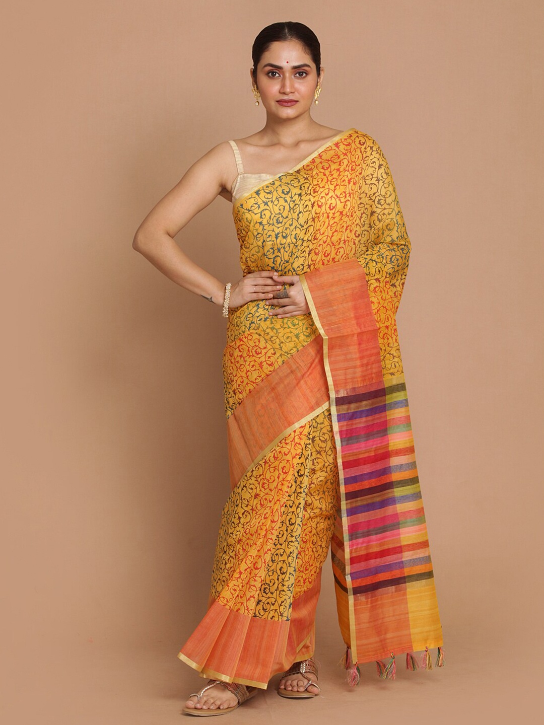 

Indethnic Mustard & Orange Ethnic Motifs Banarasi Saree
