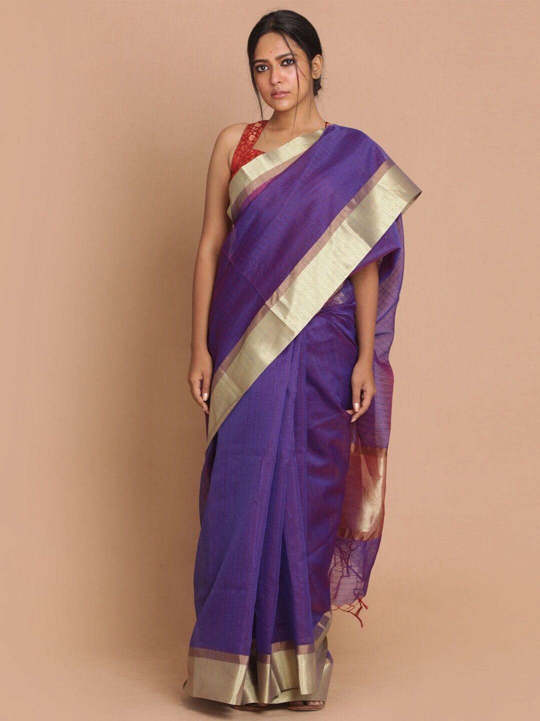 

Saranee Navy Blue & Gold-Toned Checked Zari Banarasi Saree