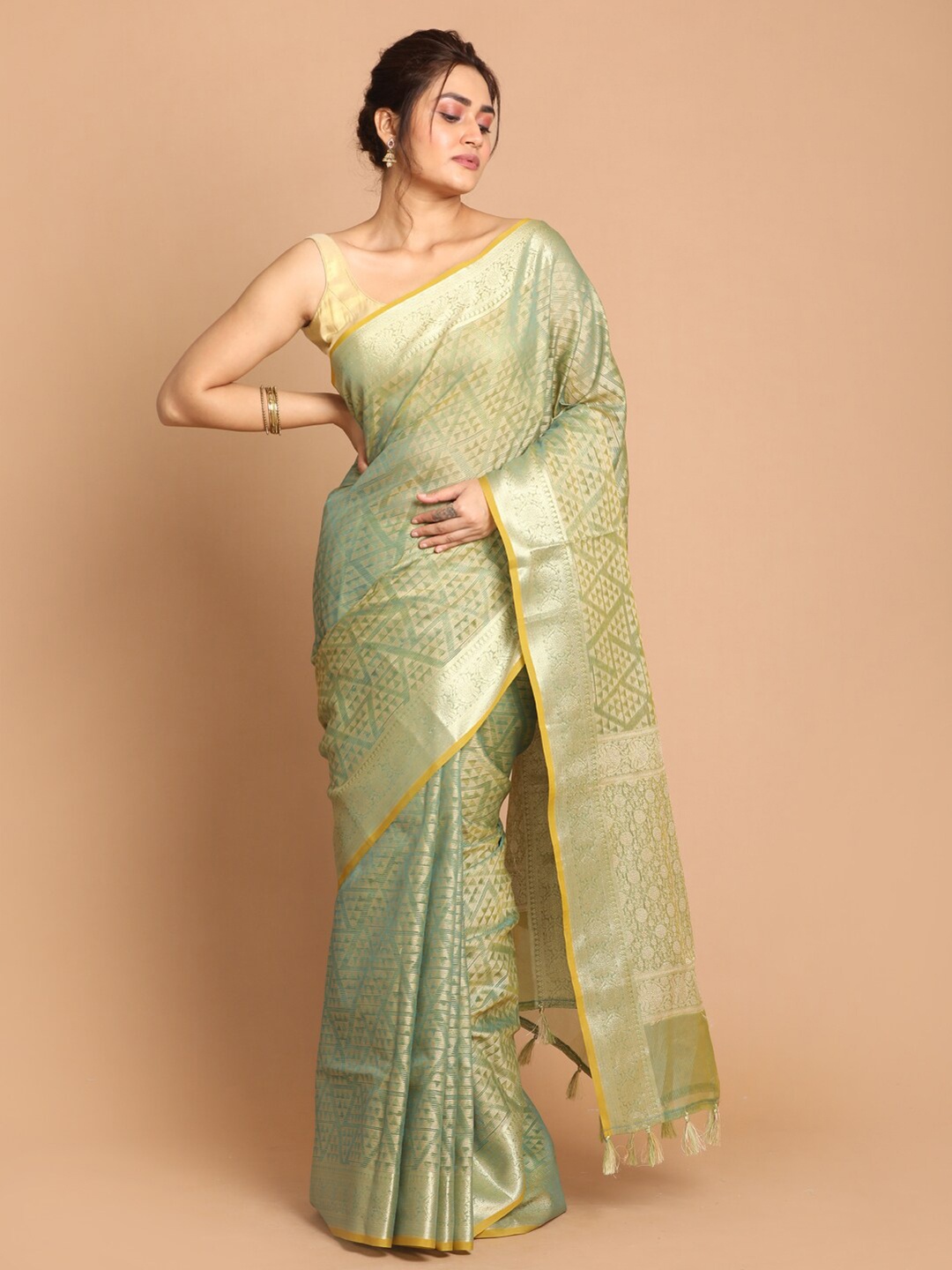 

Indethnic Green & Gold-Toned Zari Banarasi Saree