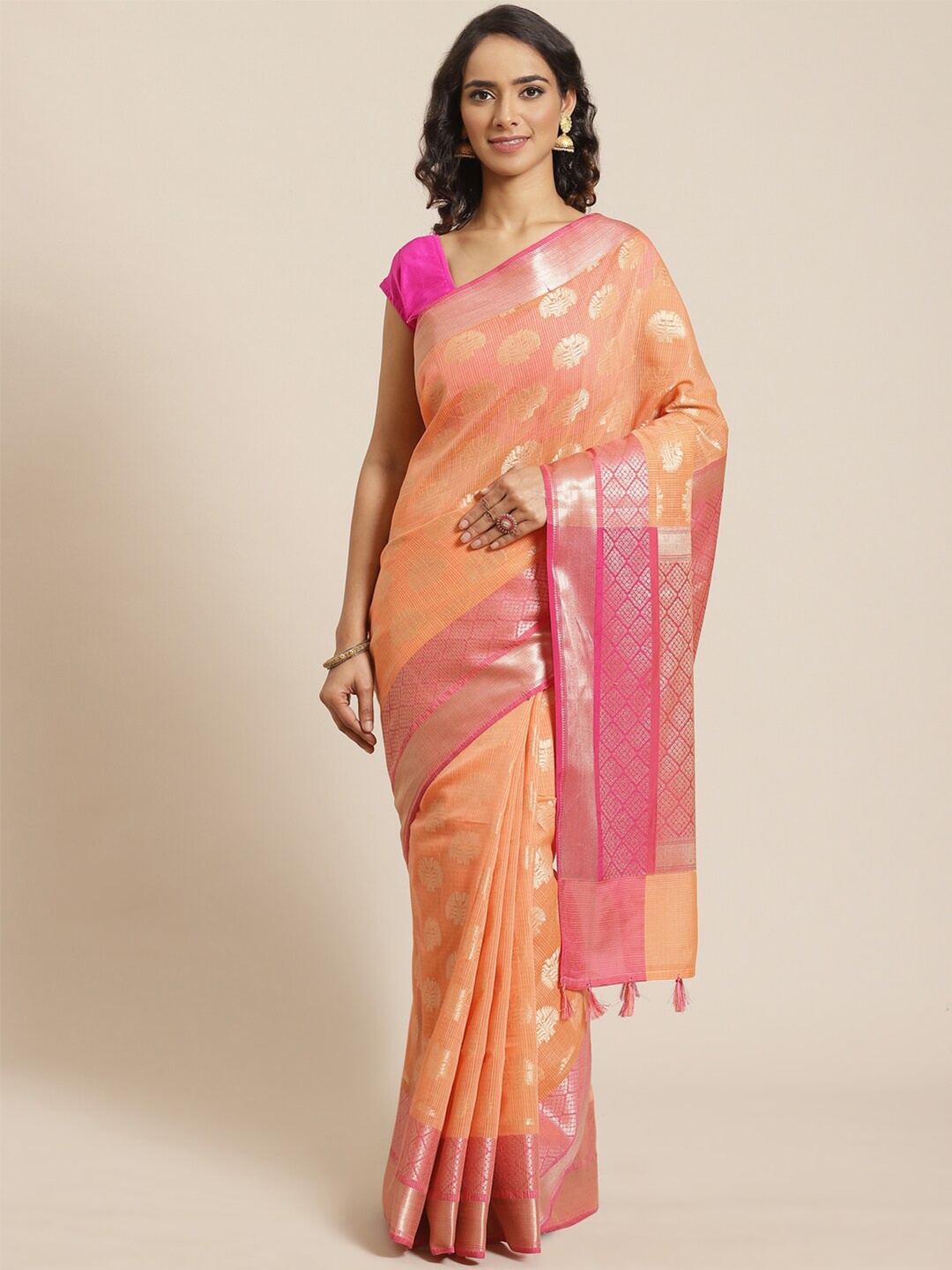 

Indethnic Peach-Coloured & Magenta Woven Design Zari Banarasi Saree