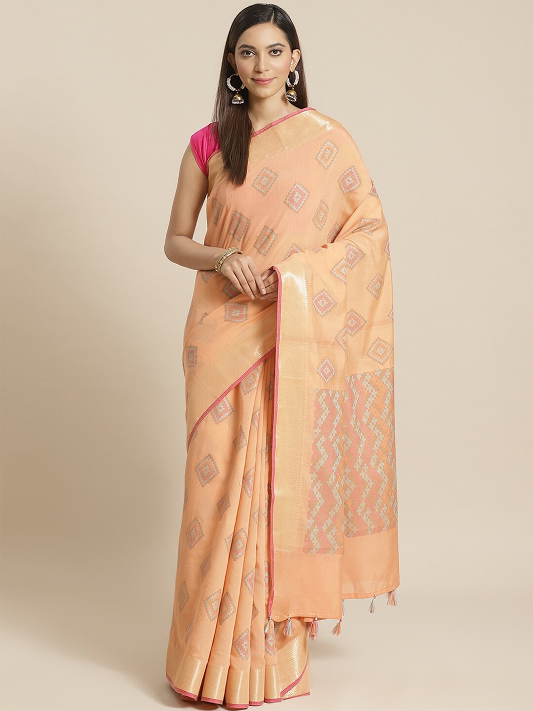 

Indethnic Peach-Coloured & Gold Zari Banarasi Saree
