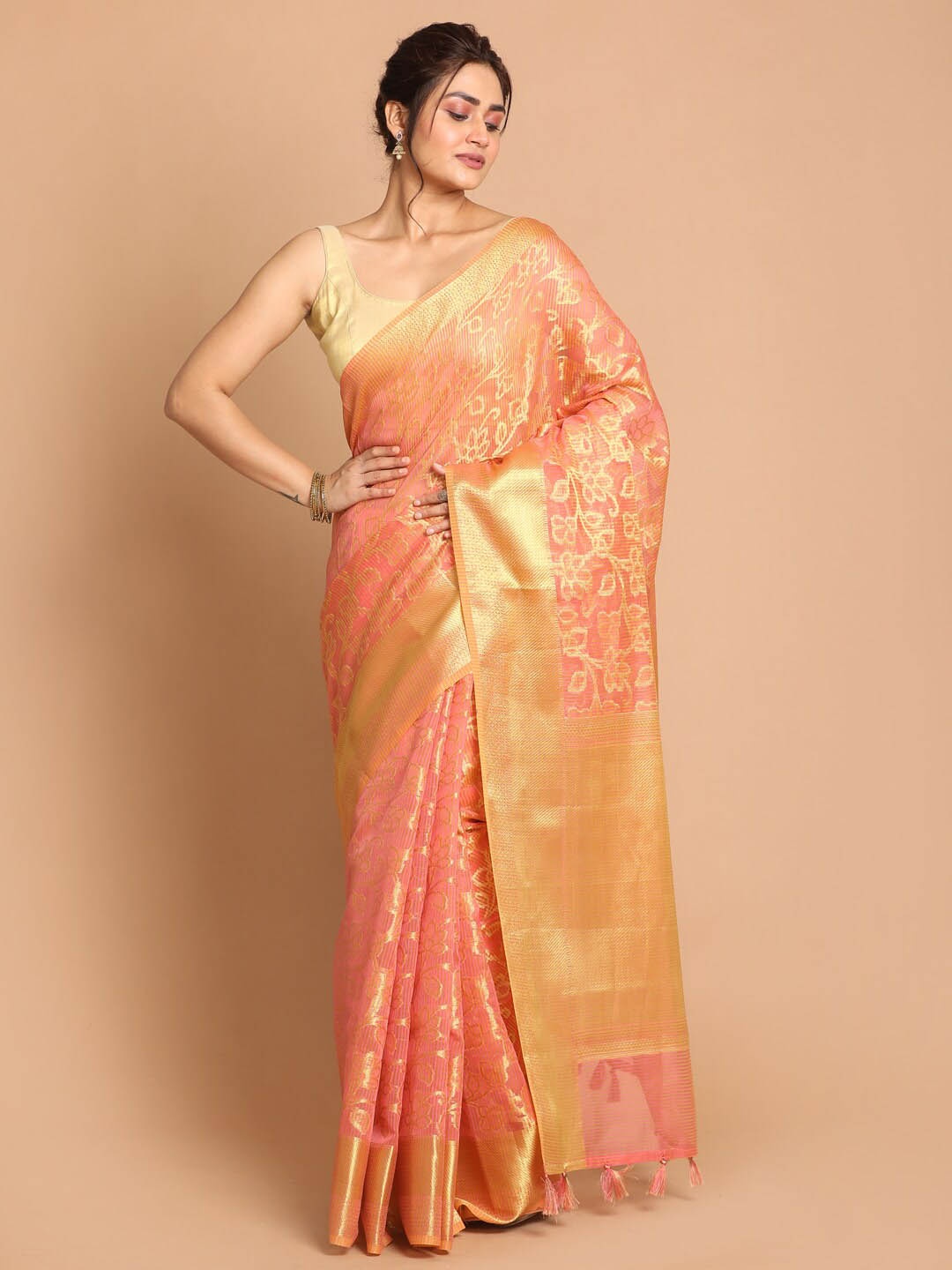 

Indethnic Pink & Orange Ethnic Motifs Zari Banarasi Saree