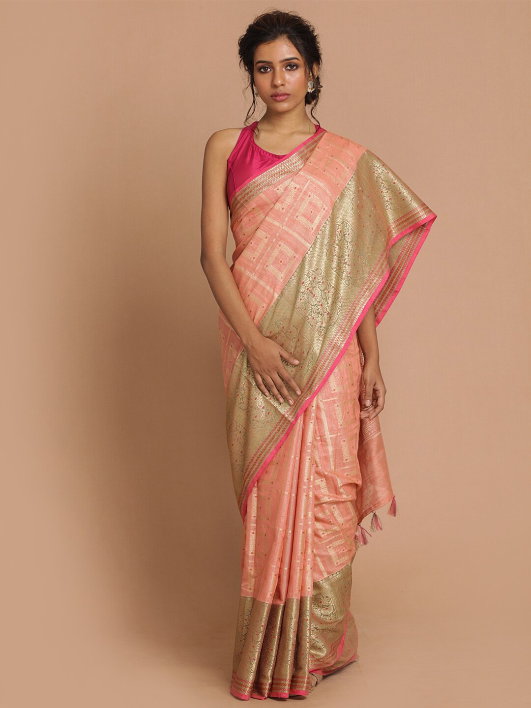 

Indethnic Peach-Coloured & Magenta Ethnic Motifs Banarasi Saree
