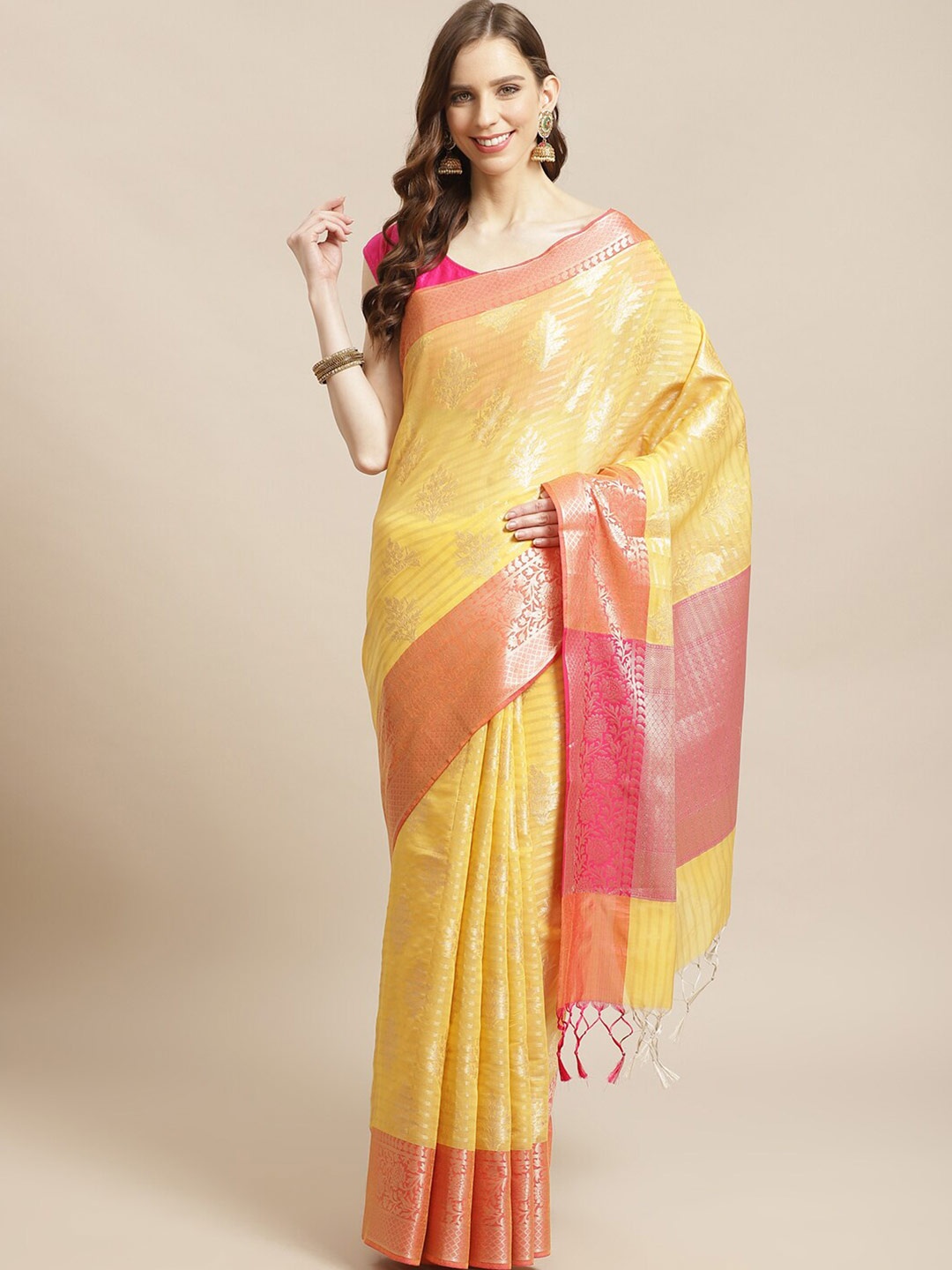 

Saranee Gold-Toned & Pink Woven Design Zari Banarasi Saree