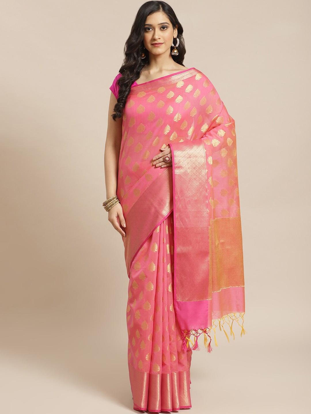 

Saranee Pink & Gold-Toned Ethnic Motifs Woven Design Liva Saree