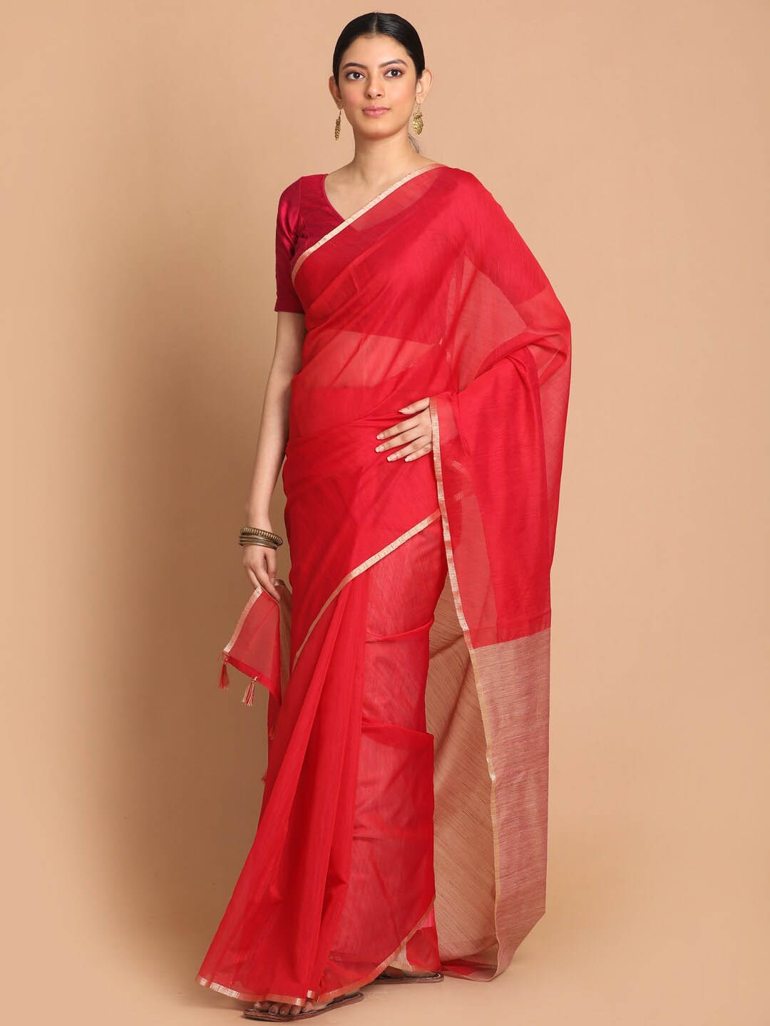 

Indethnic Women Red Solid Banarasi Saree