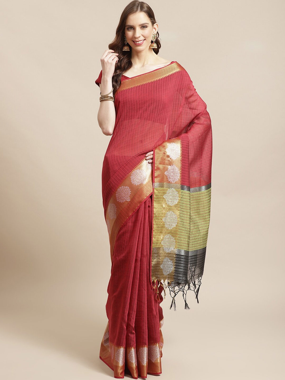 

Saranee Maroon & Green Zari Banarasi Saree