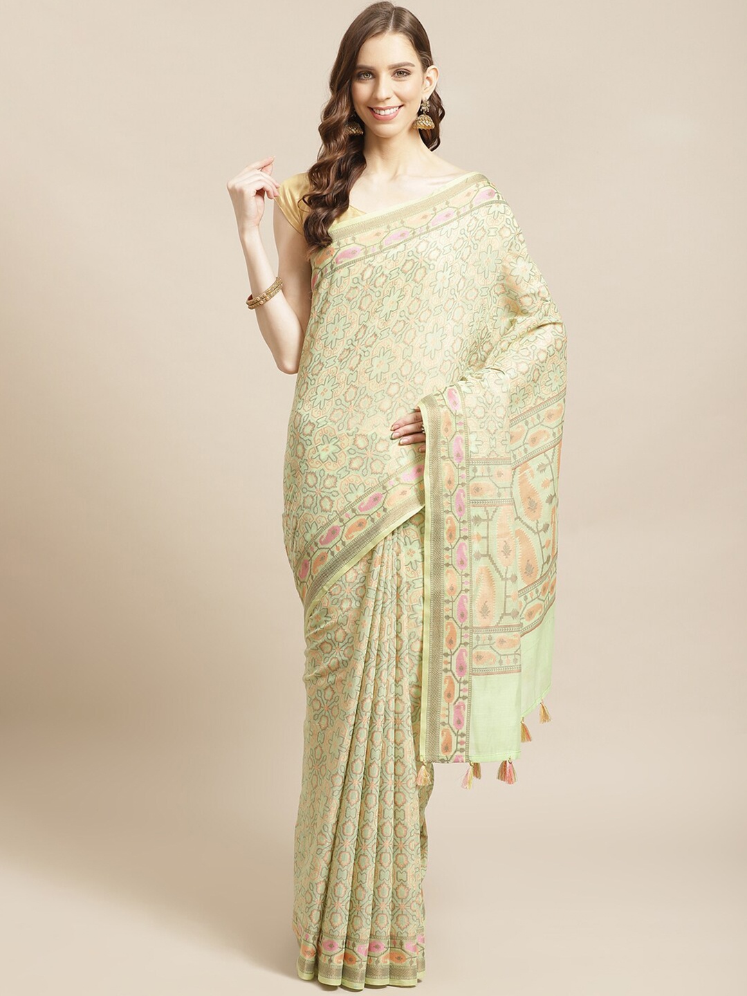 

Indethnic Green & Pink Ethnic Motifs Banarasi Saree