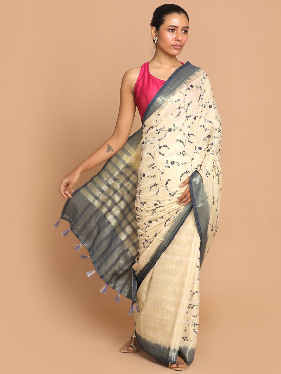 

Indethnic Beige & Blue Floral Zari Banarasi Saree