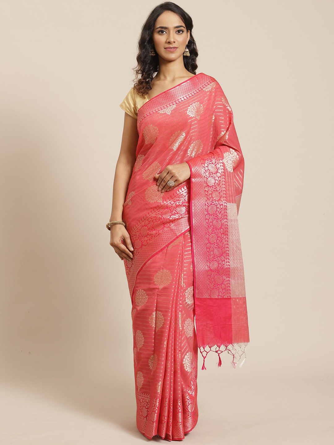 

Saranee Coral & Silver-Toned Ethnic Motifs Zari Banarasi Saree