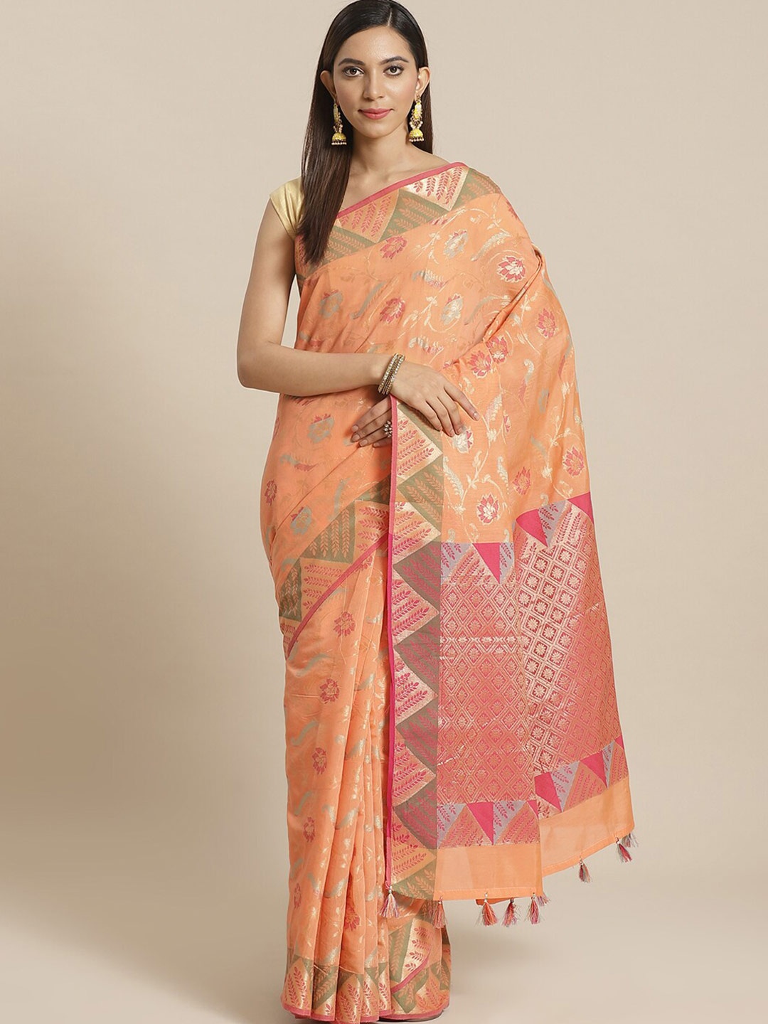 

Indethnic Peach-Coloured & Pink Floral Zari Banarasi Saree