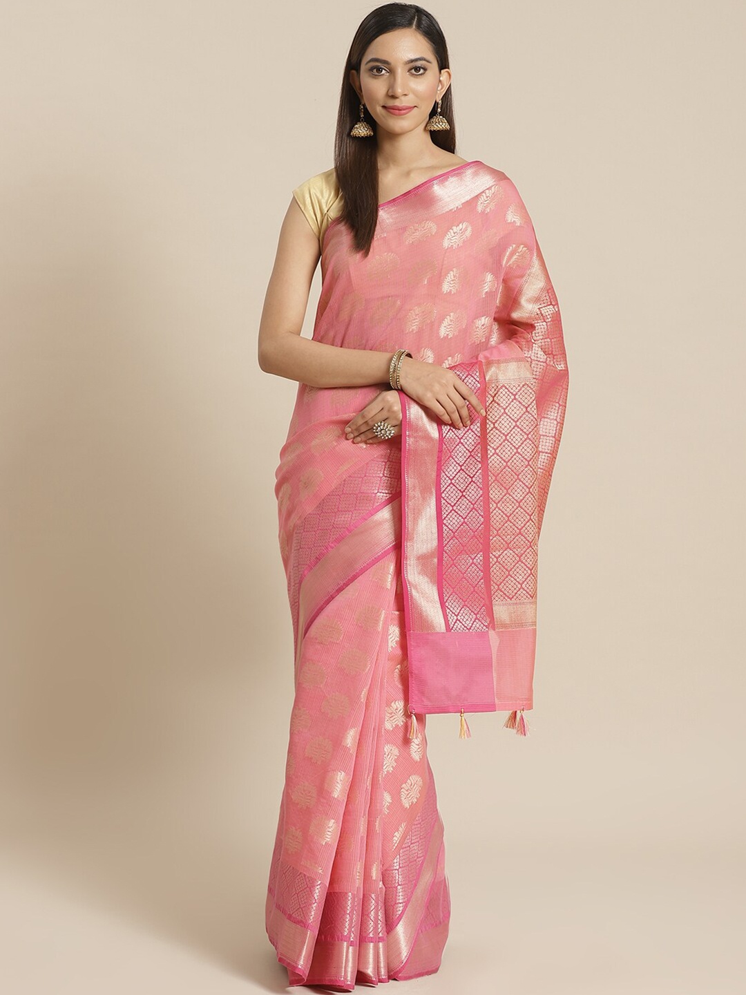 

Indethnic Pink & Silver-Toned Woven Design Zari Banarasi Saree