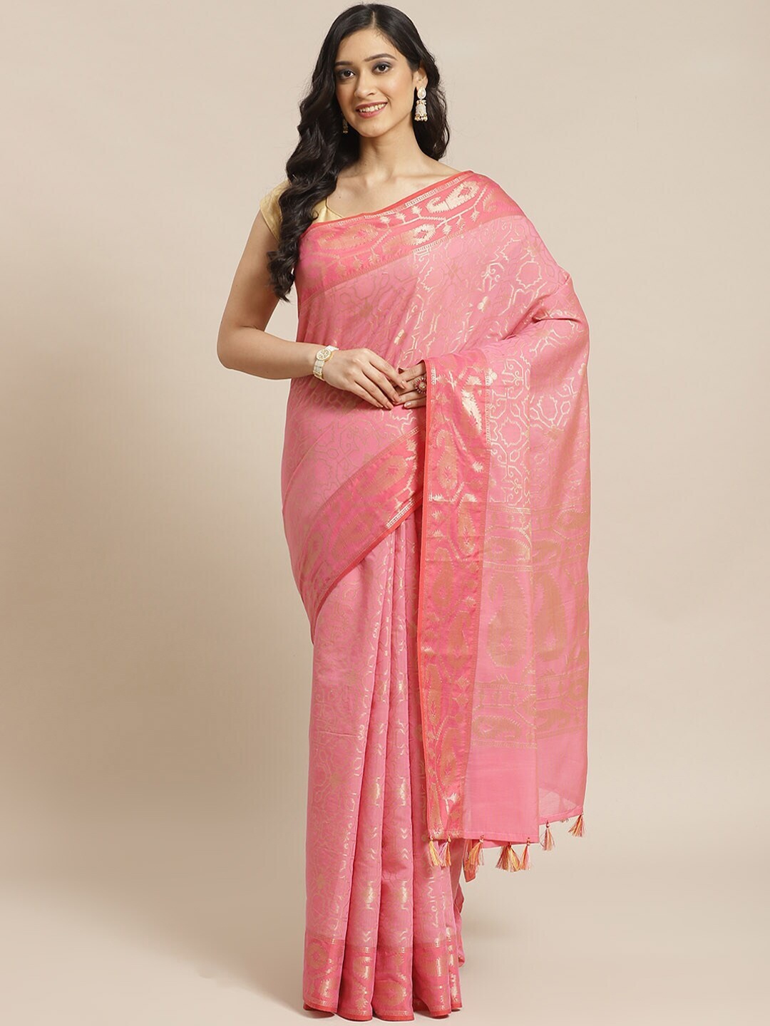 

Indethnic Pink & Gold-Coloured Ethnic Motifs Zari Banarasi Saree