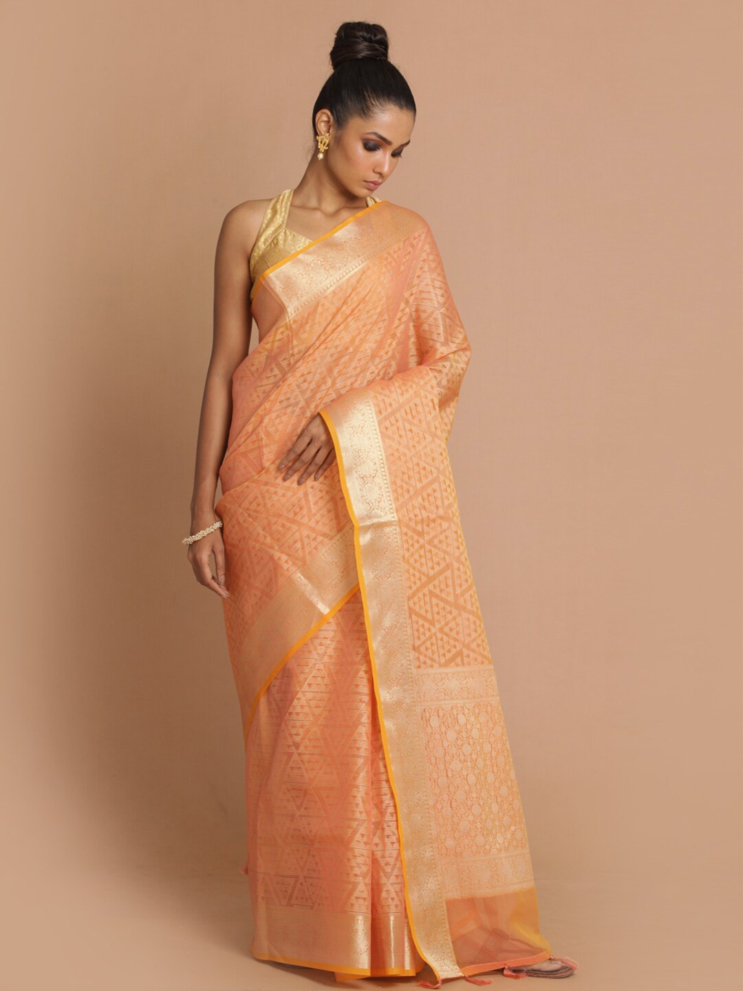 

Indethnic Coral & Gold Zari Banarasi Saree