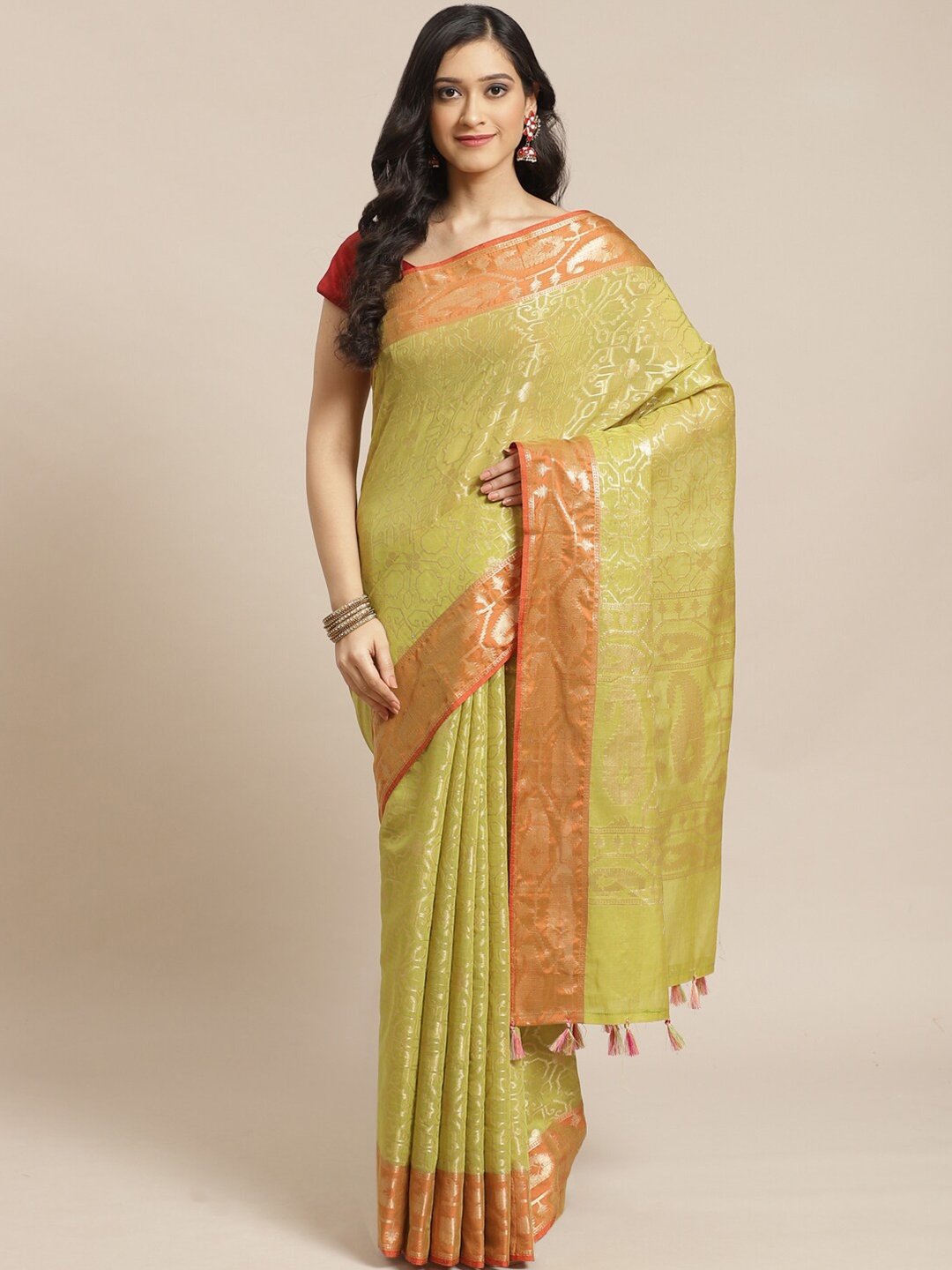 

Saranee Lime Green & Orange Woven Design Liva Saree