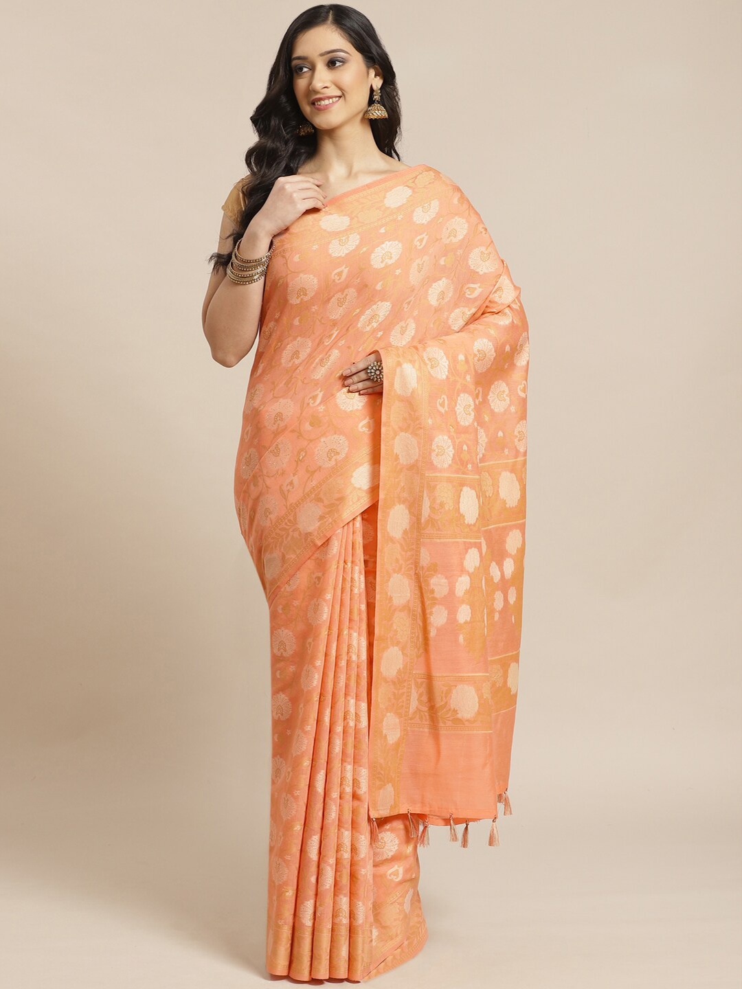 

Indethnic Peach-Coloured & Silver-Toned Ethnic Motifs Zari Banarasi Saree