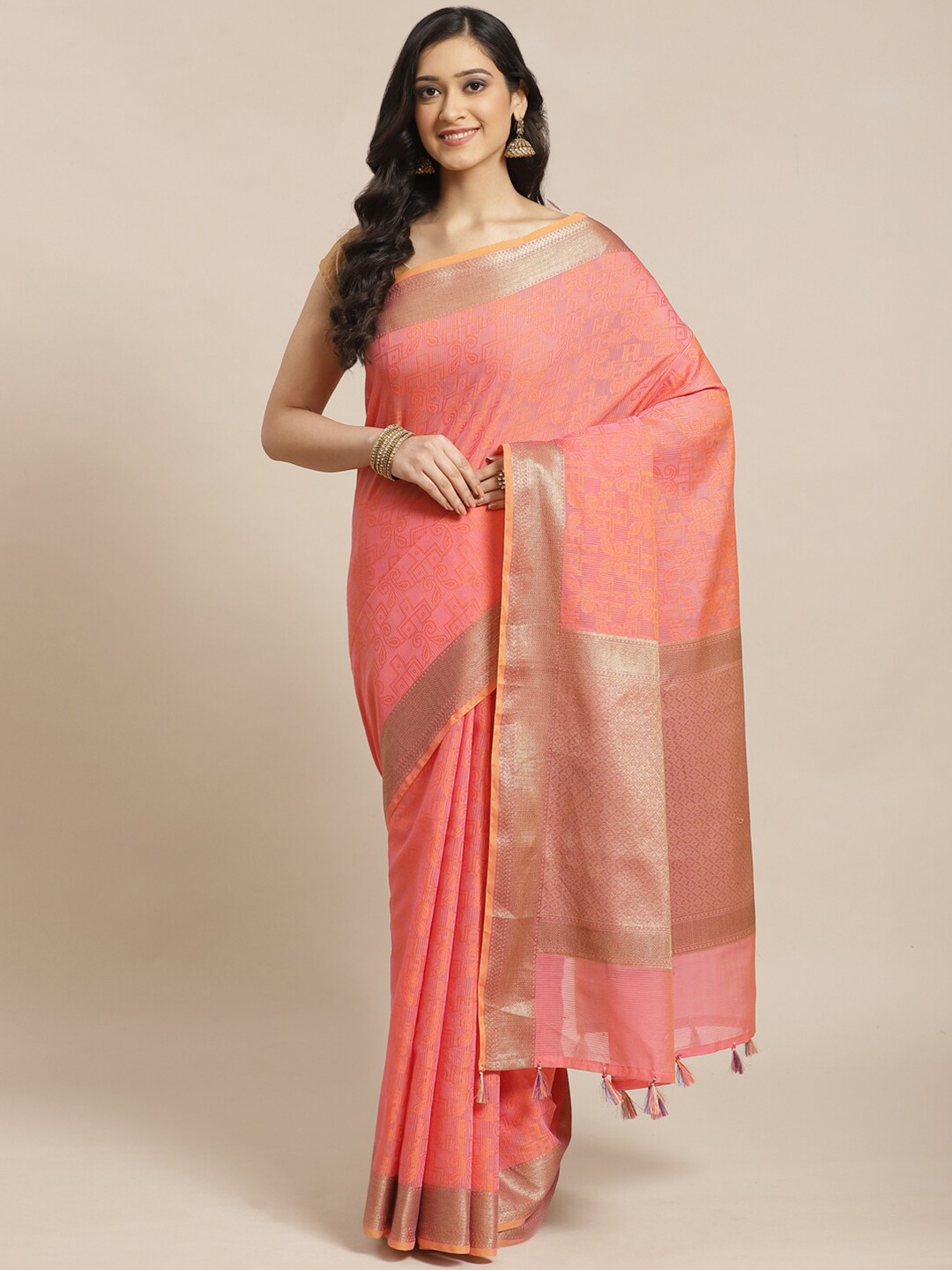 

Indethnic Fuchsia & Gold-Toned Ethnic Motifs Zari Banarasi Saree