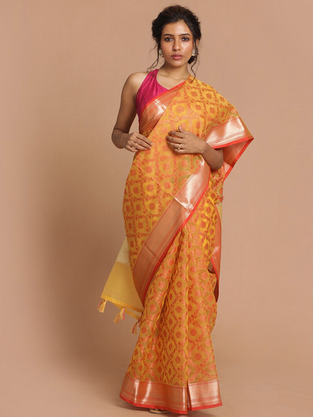 

Indethnic Yellow & Gold-Toned Ethnic Motifs Zari Banarasi Saree