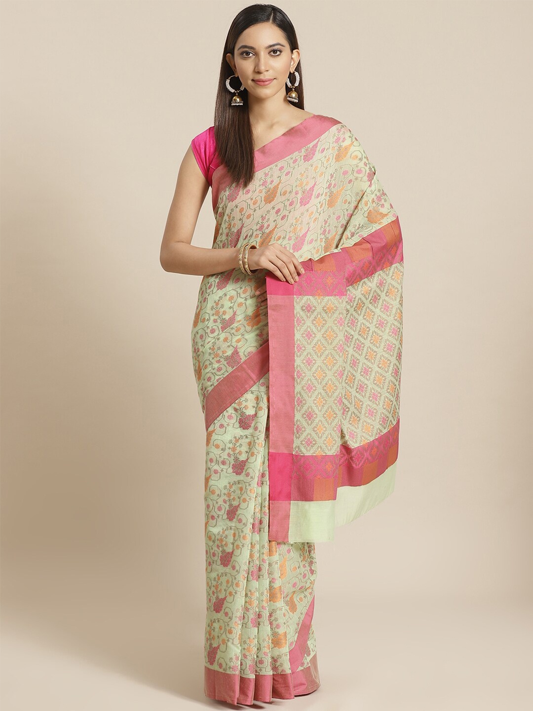 

Saranee Green & Pink Floral Zari Banarasi Saree
