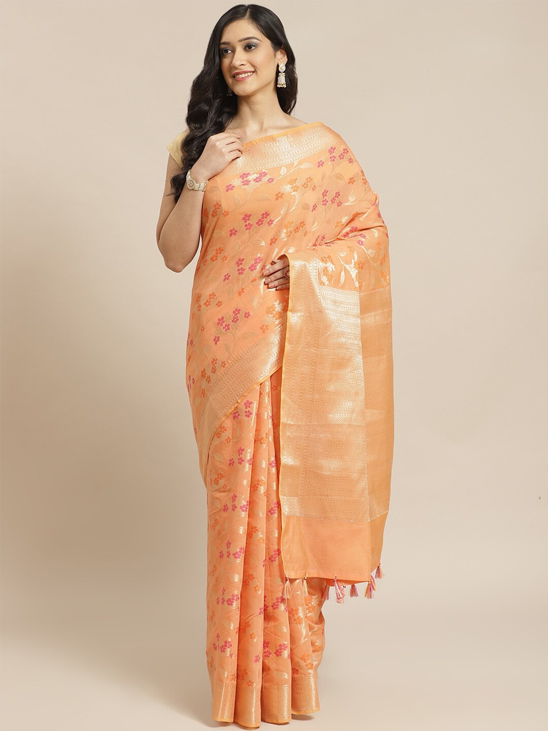 

Saranee Peach-Coloured & Pink Woven Design Zari Banarasi Saree