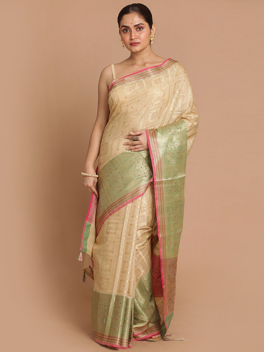 

Indethnic Beige & Pink Ethnic Motifs Zari Banarasi Saree