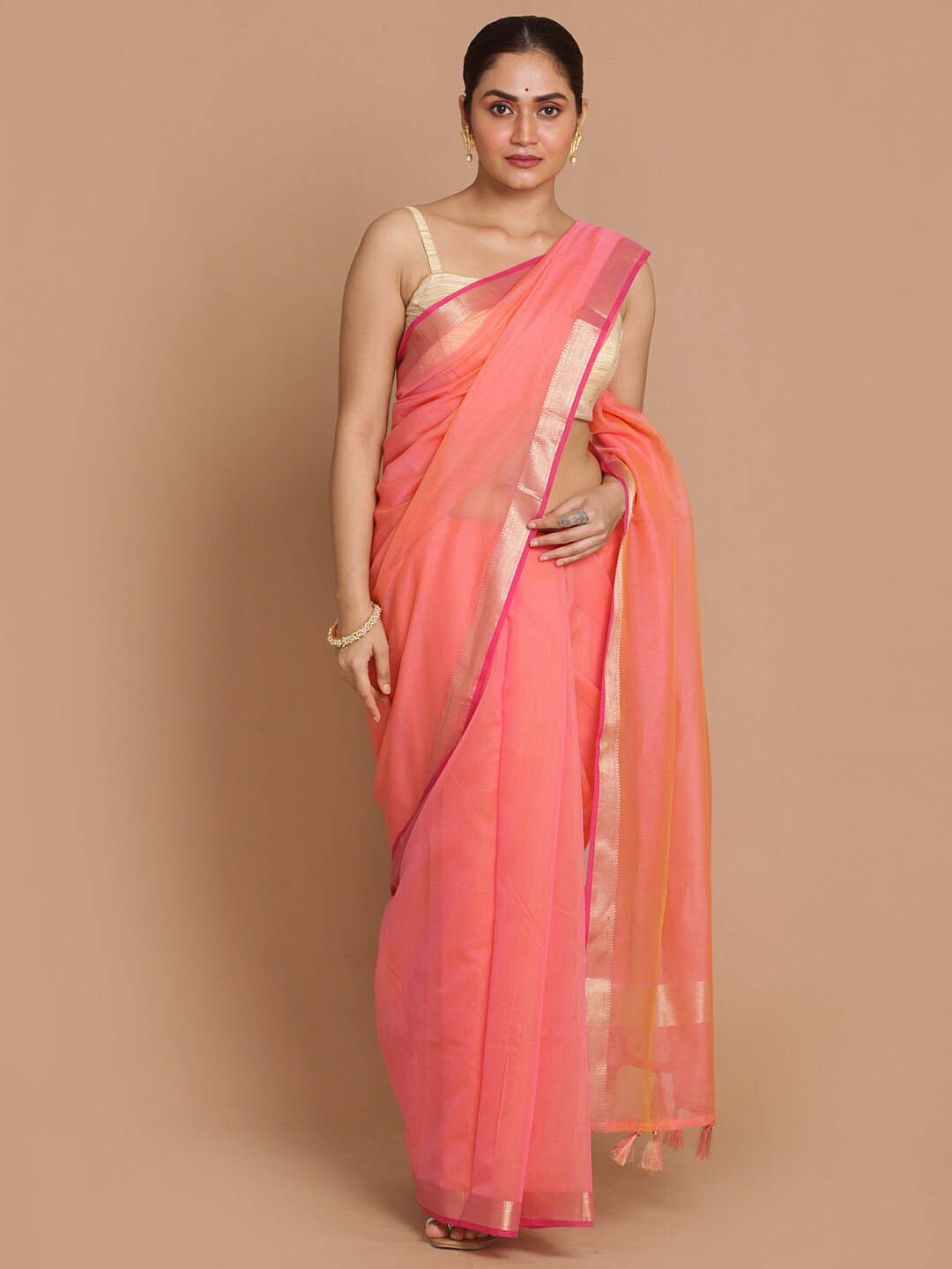 

Saranee Coral & Gold-Toned Zari Banarasi Saree