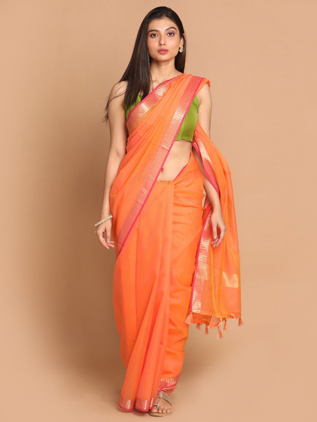 

Saranee Orange & Fuchsia Zari Banarasi Saree