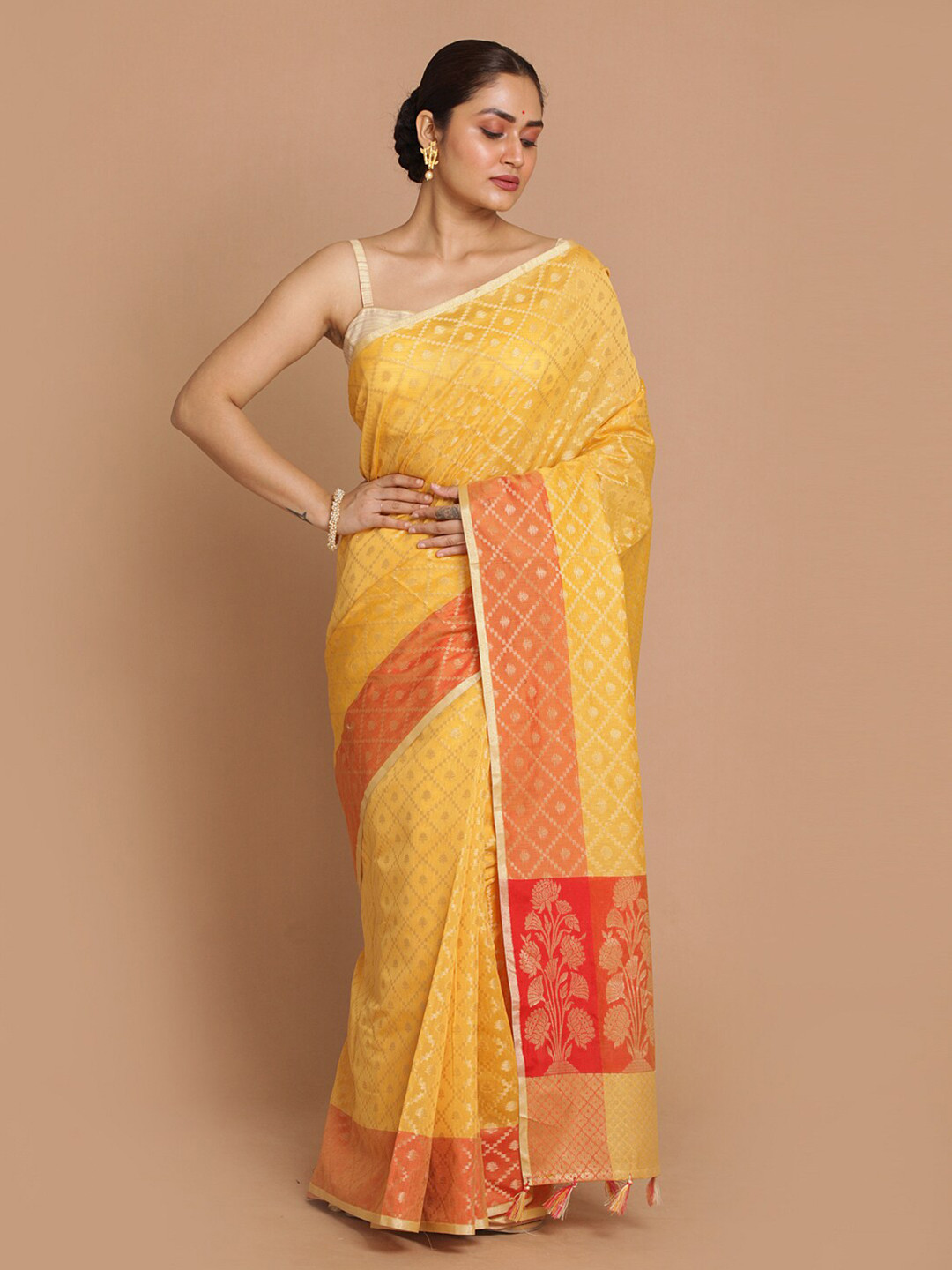 

Indethnic Yellow & Red Ethnic Motifs Zari Banarasi Saree