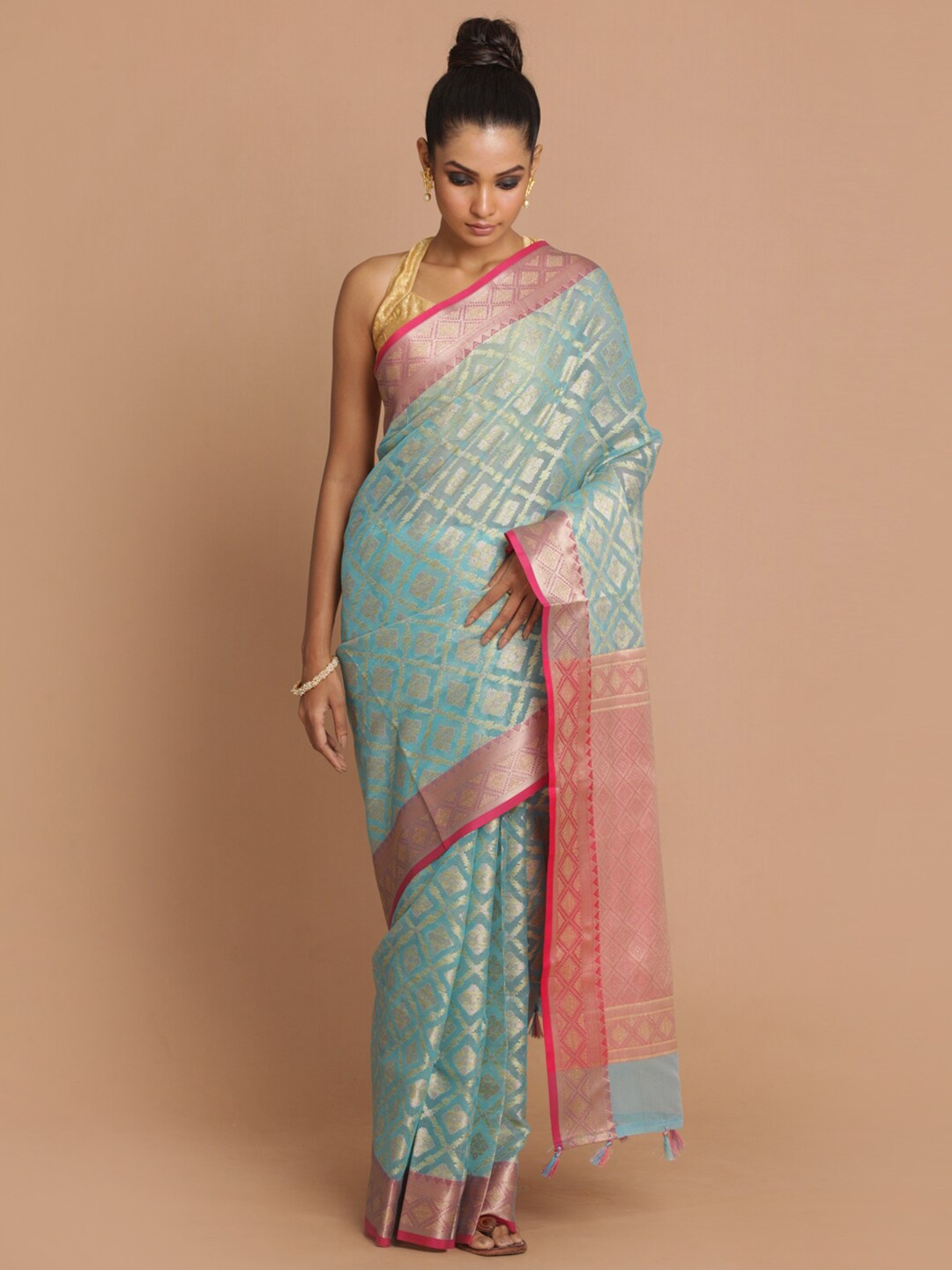 

Indethnic Blue & Pink Ethnic Motifs Zari Banarasi Saree