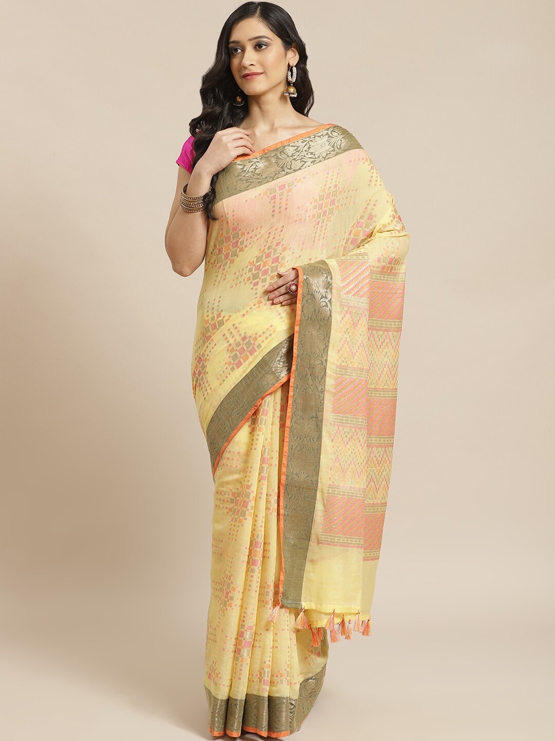 

Indethnic Yellow & Orange Zari Banarasi Saree