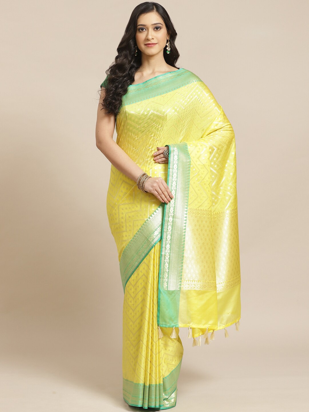 

Indethnic Yellow & Green Zari Banarasi Saree