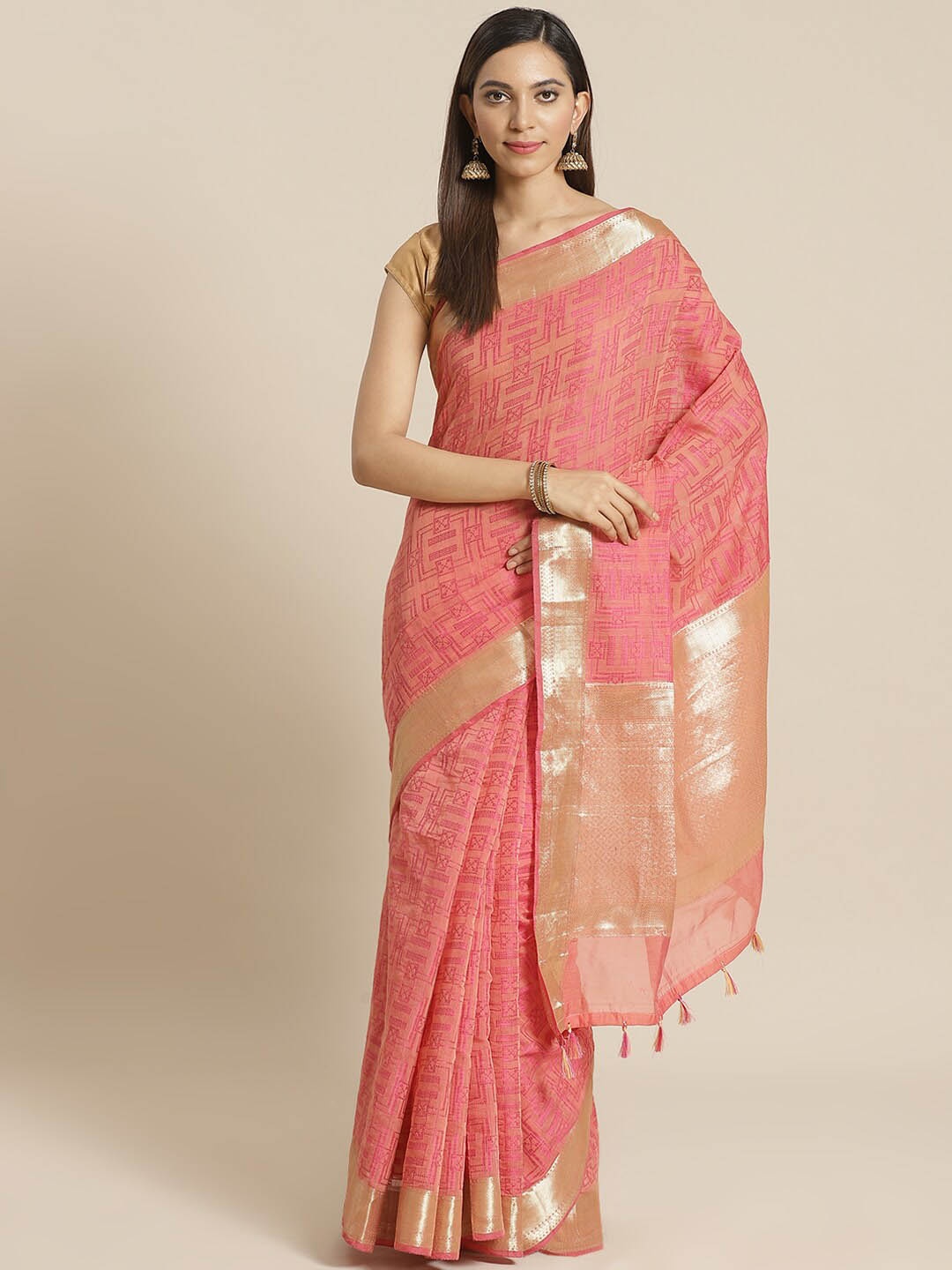

Indethnic Coral & Gold-Toned Zari Banarasi Saree