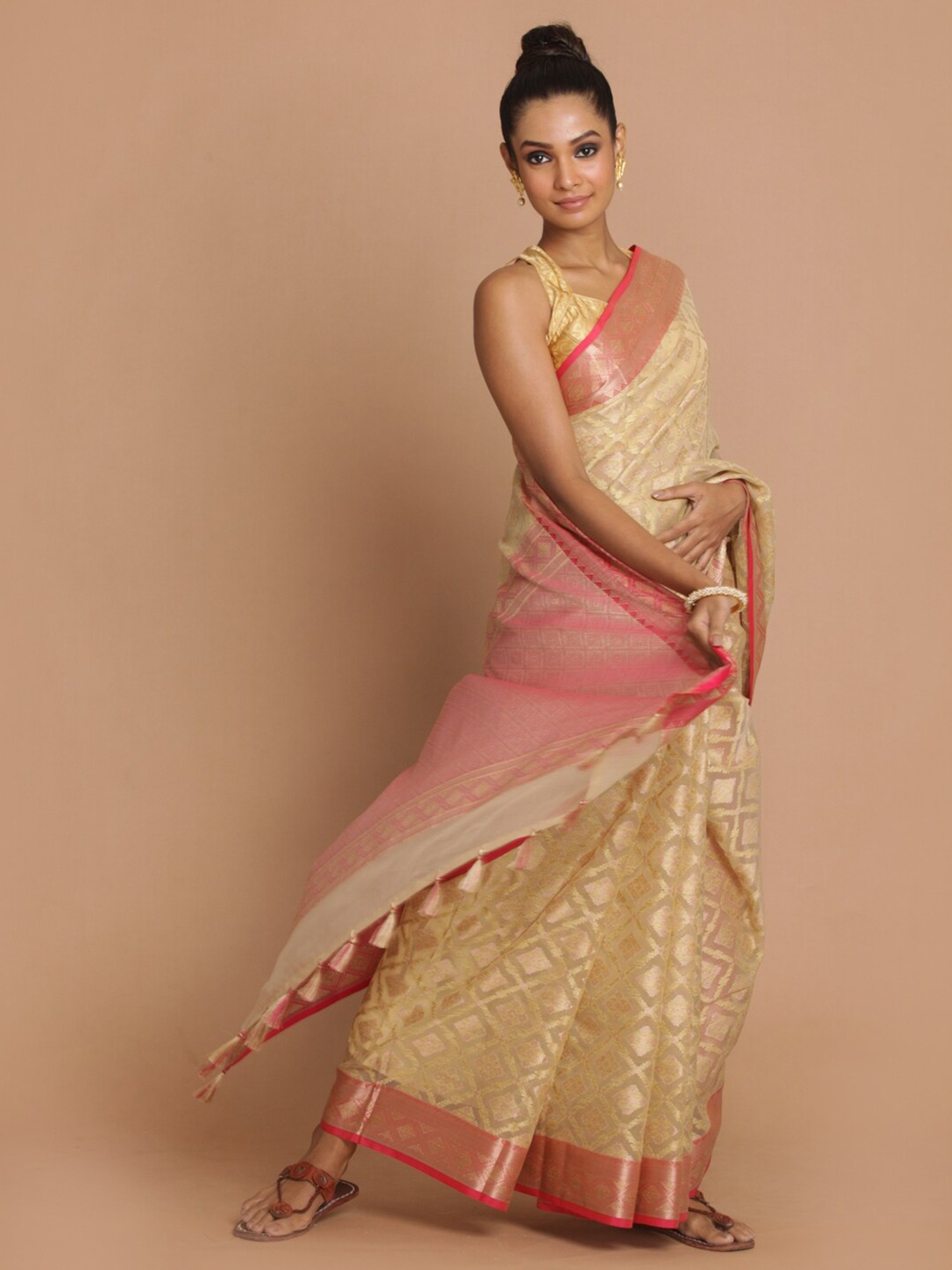 

Indethnic Beige & Pink Zari Banarasi Saree