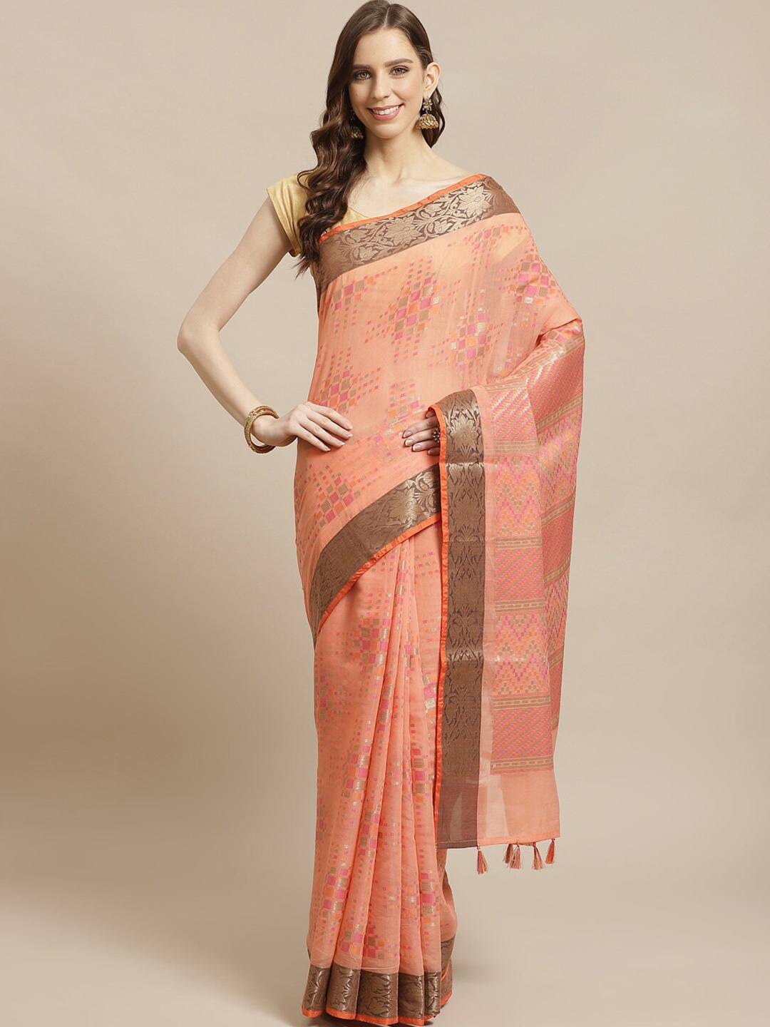 

Indethnic Peach-Coloured & Pink Zari Banarasi Saree