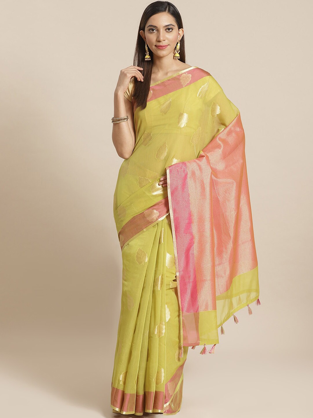 

Saranee Green & Pink Woven Design Zari Banarasi Saree