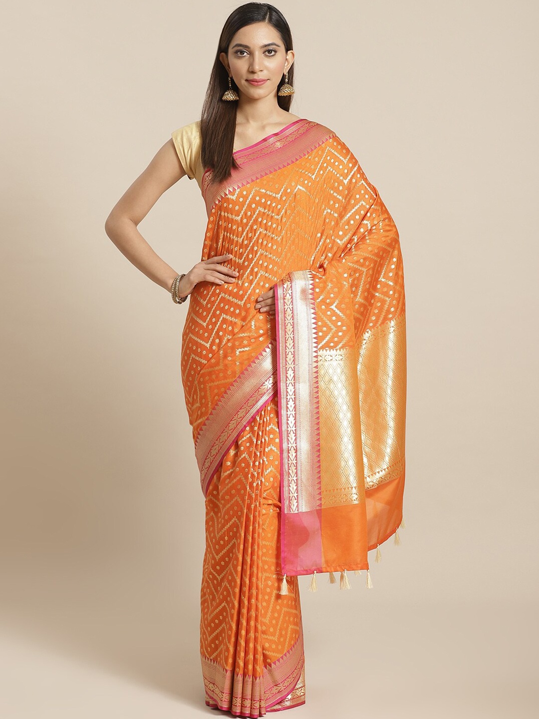 

Indethnic Orange & Pink Woven Design Banarasi Saree