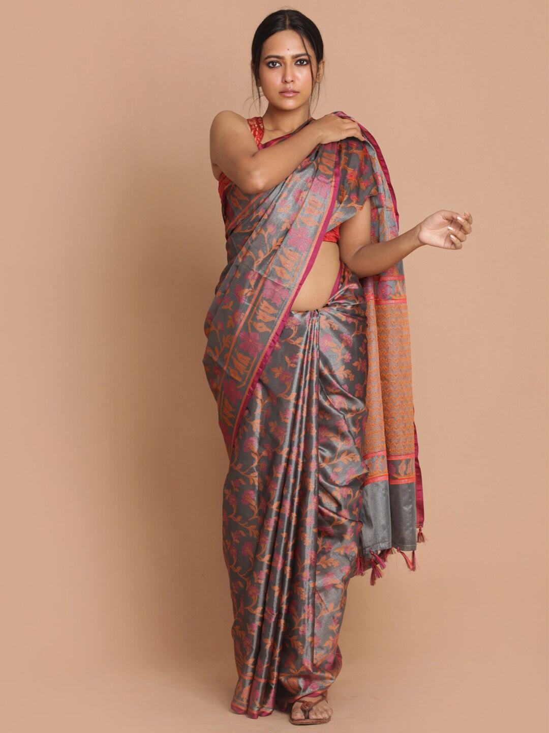 

Indethnic Black & Magenta Floral Banarasi Saree