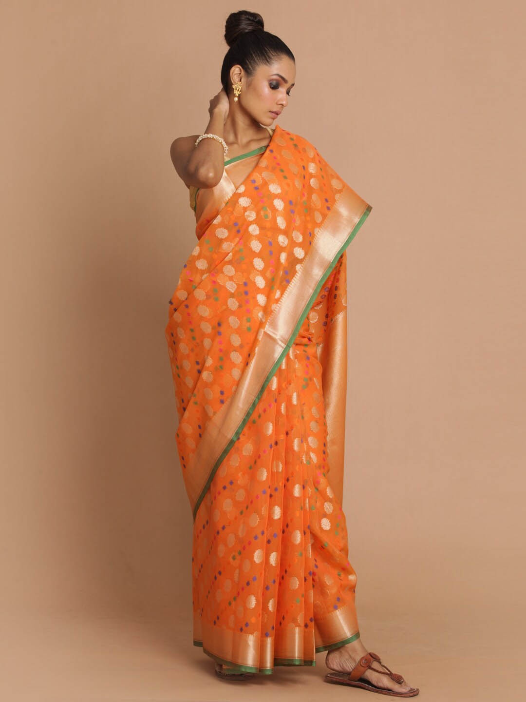 

Indethnic Rust & Gold-Toned Ethnic Motifs Zari Banarasi Saree